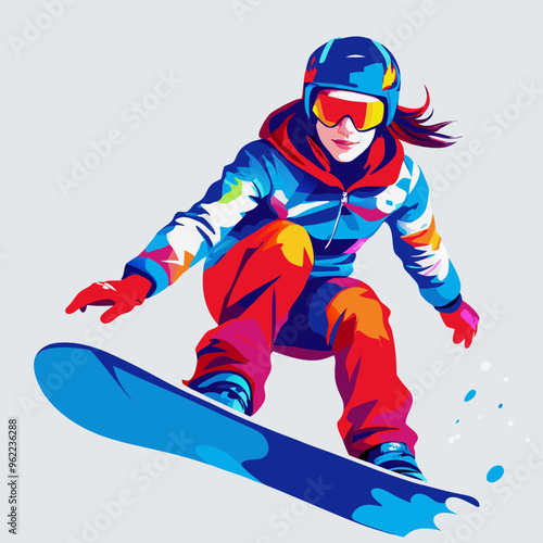 Woman snowboarding in pop art vector style with vibrant colors