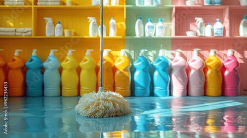 Brightly colored bottles of cleaning products are lined up on a shelf, cleaning service