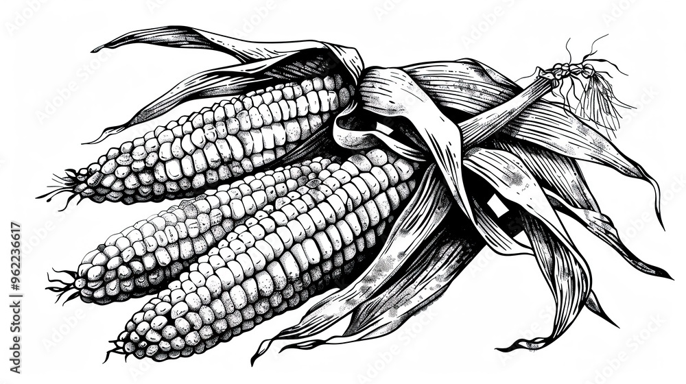 Detailed black and white illustration of corn on the cob with husks on ...