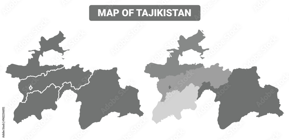 Fototapeta premium Greyscale Tajikistan political map with borders outline style vector illustration set