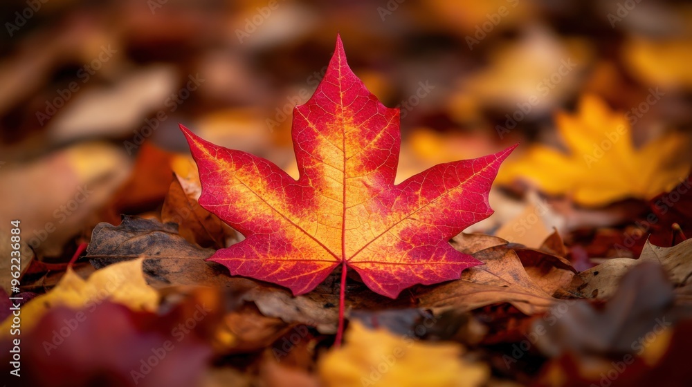 A charming close-up of a single maple leaf with striking red and gold veins A charming close-up of a single maple leaf with striking red and gold veins