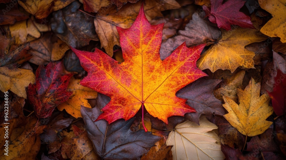 A charming close-up of a single maple leaf with striking red and gold veins