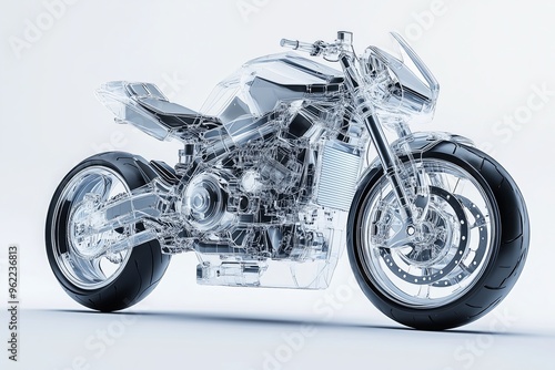 A dynamic 3D of a modern motorcycle with semi transparent elements, showing a view of its internal photo