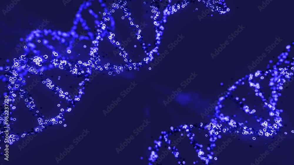 Neon glowing color DNA floating from gene against dark background, 3d animation zoom in Neon glowing color DNA floating from gene against dark background, 3d animation zoom in