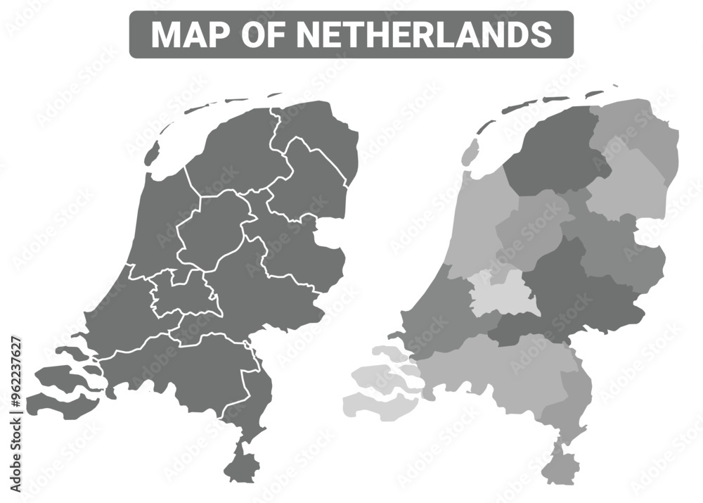 Obraz premium Greyscale Netherlands political map with borders outline style vector illustration set