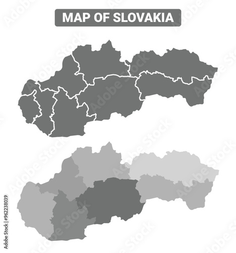 Greyscale Slovakia political map with borders outline style vector illustration set