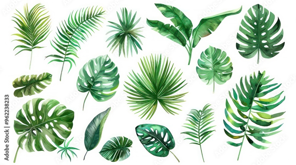 A collection of tropical leaves in various shapes and sizes, isolated on a white background. A collection of tropical leaves in various shapes and sizes, isolated on a white background.