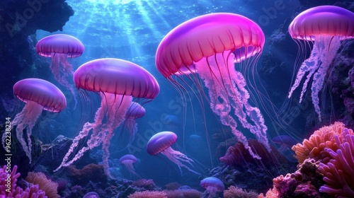 A group of jellyfish are swimming in the ocean, AI