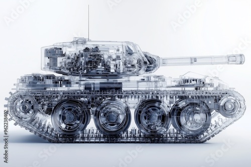 A dynamic 3D of a modern tank with semi transparent elements, showing a view of its internal engine photo