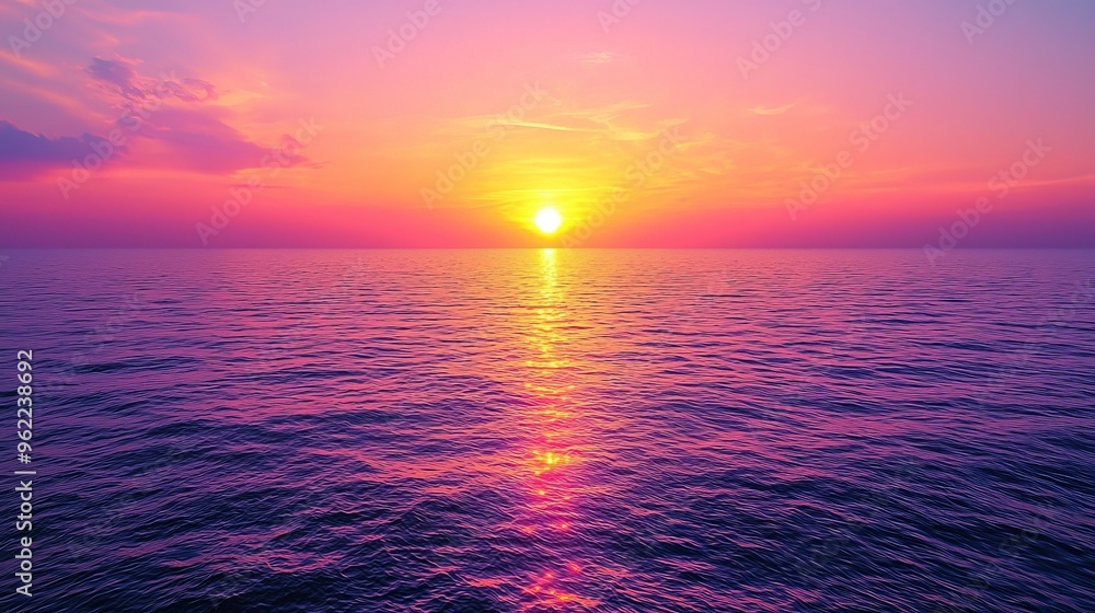 Obraz premium A grainy gradient background transitioning from vibrant pinks and oranges at the horizon to deep purples at the top, reminiscent of a stunning sunset over a tropical ocean.