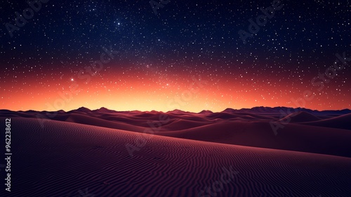 A grainy gradient background in warm earth tones of sand, orange, and muted pink, reflecting the serene and still beauty of the desert as night approaches.