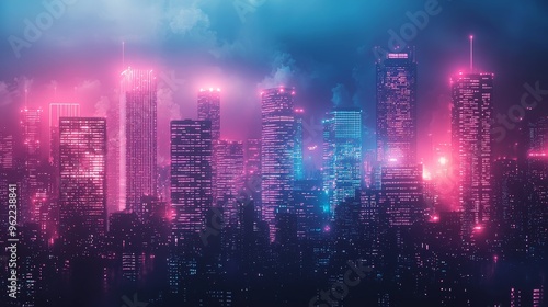 A grainy gradient background featuring electric blues, neon pinks, and purples, capturing the vibrant and futuristic vibe of a cyberpunk cityscape.