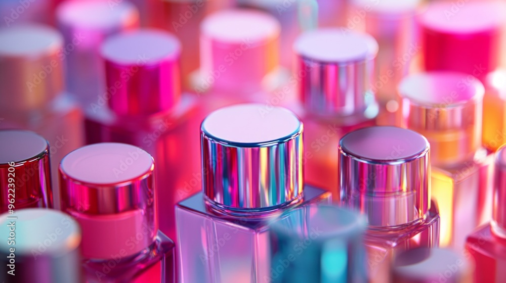 A vibrant display of colorful perfume bottles catches the eye. The various shapes and bright hues create a glamorous atmosphere. Perfect for beauty or retail themes. AI A vibrant display of colorful perfume bottles catches the eye. The various shapes and bright hues create a glamorous atmosphere. Perfect for beauty or retail themes. AI