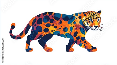 An artistic, flat style illustration of a jaguar with a bold and dynamic pose, centered on a bright photo