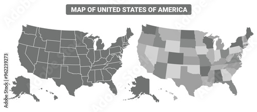 Greyscale United States Of America political map with borders outline style vector illustration set