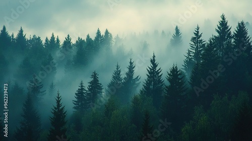  A forest brimming with numerous trees veiled in thick fog