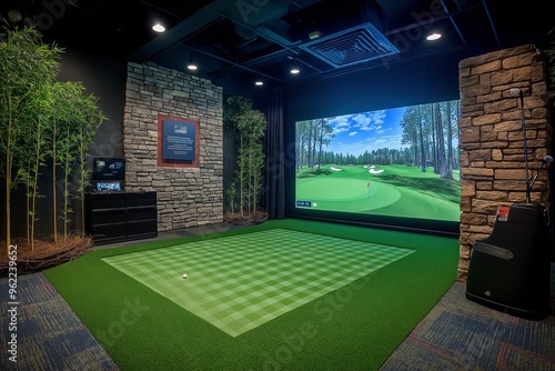 modern indoor golf simulator club interior design professional photography photo