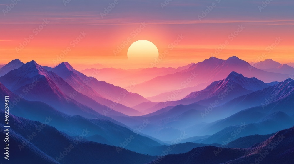 A peaceful scene of a mountain range with the sun setting behind the peaks A peaceful scene of a mountain range with the sun setting behind the peaks