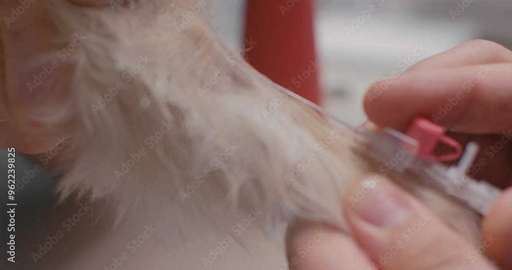 Close-up of a veterinarian inserting an intravenous catheter into a dog ...