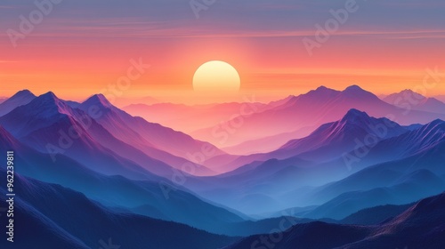 A peaceful scene of a mountain range with the sun setting behind the peaks