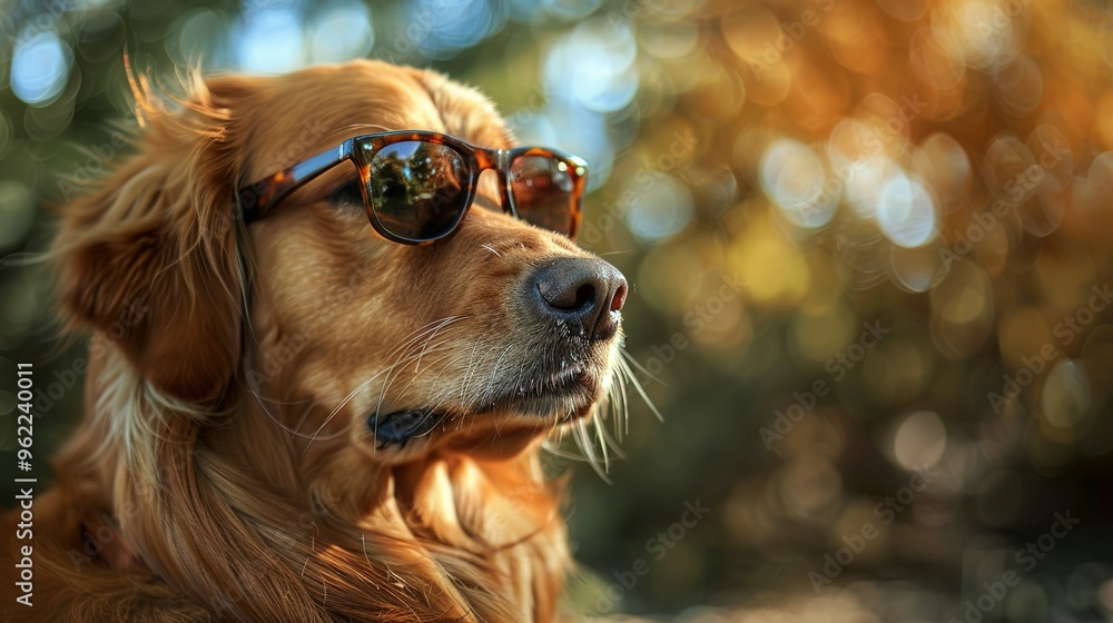 Golden Retriever Dog Wearing Sunglasses in a Natural Setting Golden Retriever Dog Wearing Sunglasses in a Natural Setting