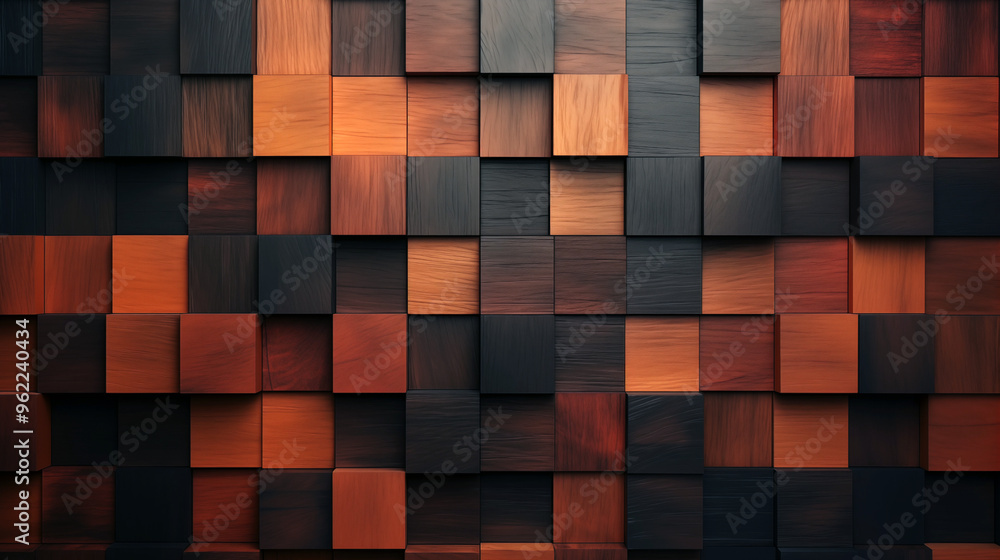 A wall made of wooden blocks in various shades of brown and black A wall made of wooden blocks in various shades of brown and black