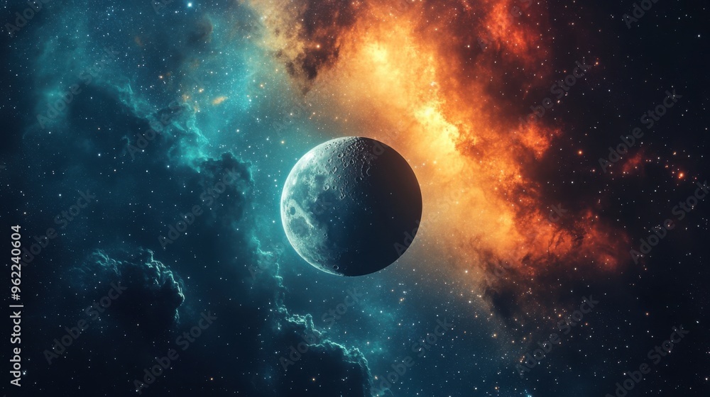 A dramatic photo of the moon and its shadow cast on distant cosmic clouds A dramatic photo of the moon and its shadow cast on distant cosmic clouds