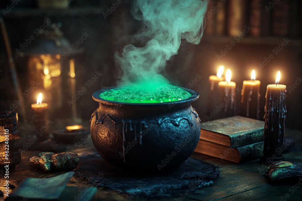 A witch's cauldron bubbling over with green potion, surrounded by black candles and old spell books in a dark, creepy room. A witch's cauldron bubbling over with green potion, surrounded by black candles and old spell books in a dark, creepy room.