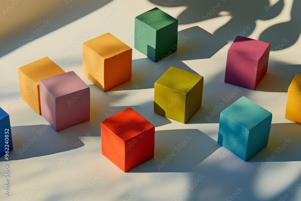 A cluster of multi-colored cubes arranged randomly on a smooth, light gray surface, with soft shadows creating a sense of depth and contrast between the vibrant hues. A cluster of multi-colored cubes arranged randomly on a smooth, light gray surface, with soft shadows creating a sense of depth and contrast between the vibrant hues.