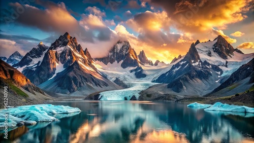 high mountain peaks with glaciers serene dramatic landscape photography photo