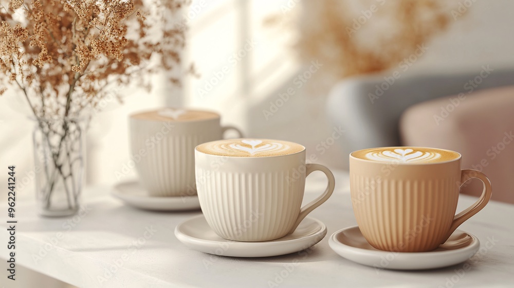Latte Art in Creamy Coffee Cups on a Table. Latte Art in Creamy Coffee Cups on a Table.