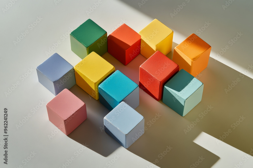 A cluster of multi-colored cubes arranged randomly on a smooth, light gray surface, with soft shadows creating a sense of depth and contrast between the vibrant hues.