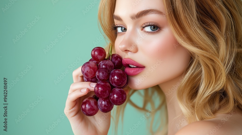 A mid-40s Caucasian woman with shoulder-length blonde hair holding a bunch of ripe grapes against a soft green background A mid-40s Caucasian woman with shoulder-length blonde hair holding a bunch of ripe grapes against a soft green background