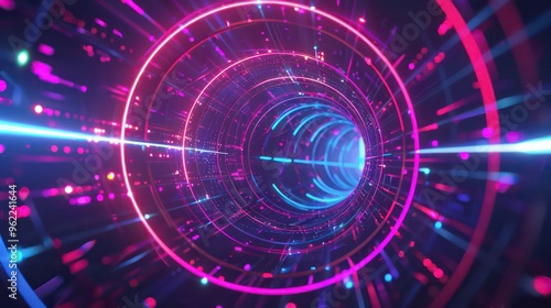 Abstract glowing neon circles form a tunnel with a blue beam of light going through the center.