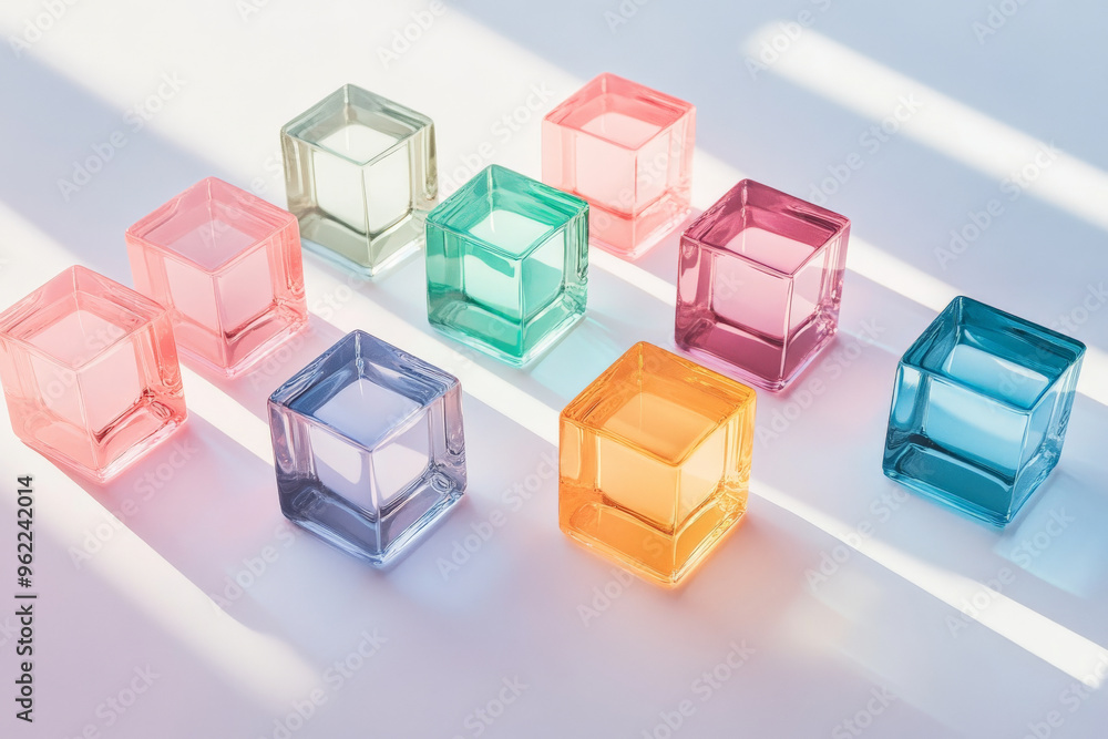 Fototapeta premium A minimalist composition of multi-colored cubes placed symmetrically on a soft white surface, with light softly bouncing off their shiny, smooth faces.