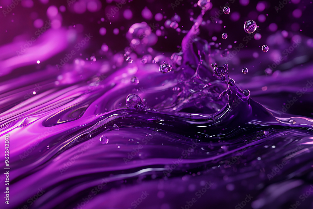 A rich purple oil splash frozen in mid-motion, with glowing droplets and swirling textures against a dark background. A rich purple oil splash frozen in mid-motion, with glowing droplets and swirling textures against a dark background.