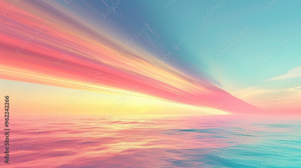 Fototapeta premium Beautiful gradient sunset over calm sea with vibrant pastel colors blending in the sky, reflecting on the serene water surface.