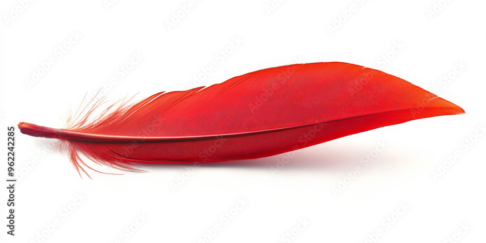 A bold scarlet feather with vibrant color and smooth texture, standing out sharply against the clean white background. A bold scarlet feather with vibrant color and smooth texture, standing out sharply against the clean white background.