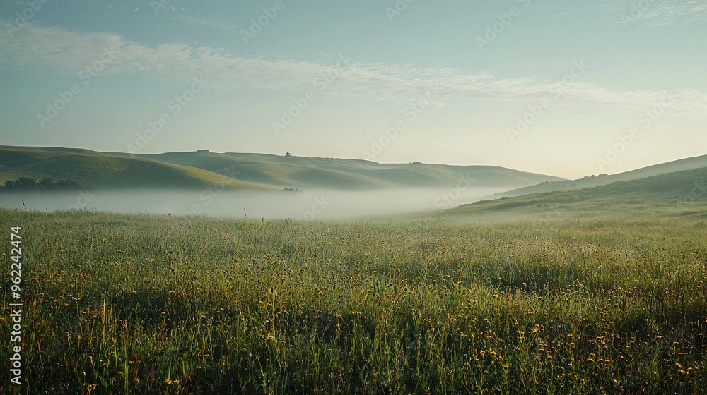 Fototapeta premium A foggy field with hills in the distance, trees in the foreground, and yellow wildflowers