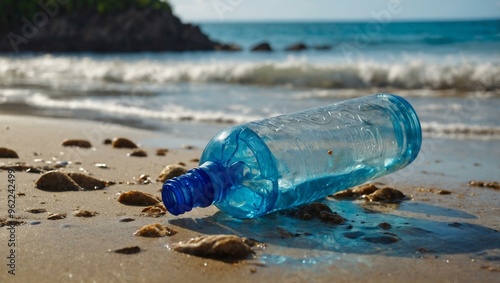 Washed water bottle on a tropical beach, highlighting plastic pollution with copy space.