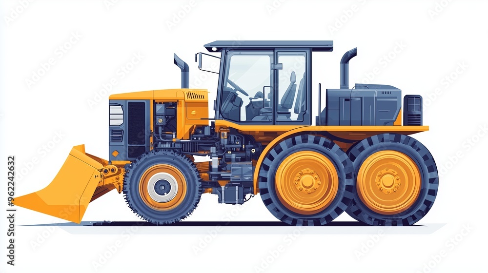 An artistic, flat style illustration of a modern grader with semi transparent panels, revealing the An artistic, flat style illustration of a modern grader with semi transparent panels, revealing the