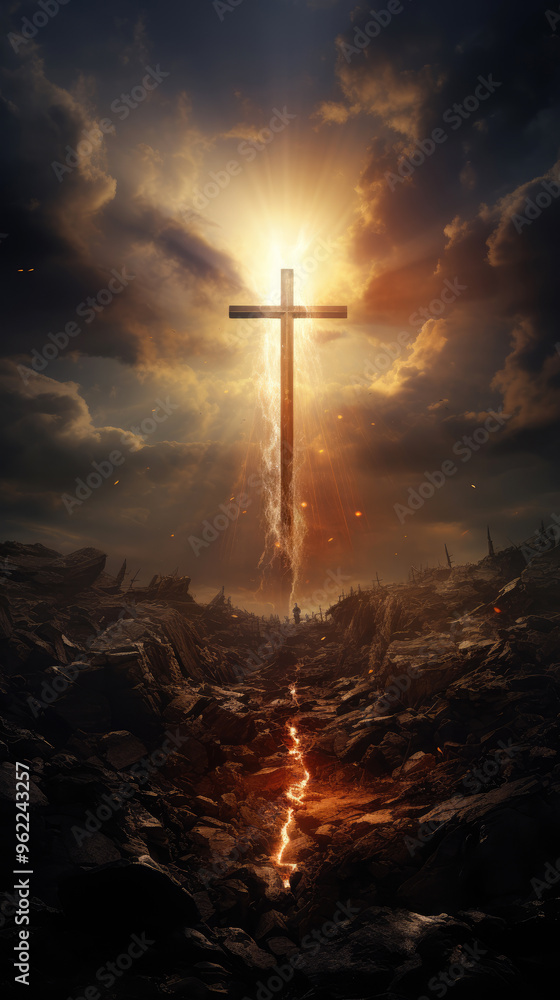 Naklejka premium generated illustration of Christian cross appears in the sky background.