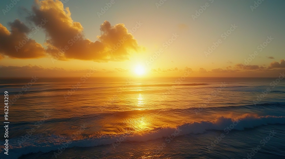 Naklejka premium The sun is setting behind the ocean as waves crash on the shore Clouds fill the sky above