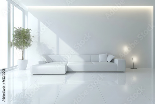 A sleek 3D white living room with minimalist furniture, smooth walls, and soft, diffused lighting creating a clean, modern look. photo