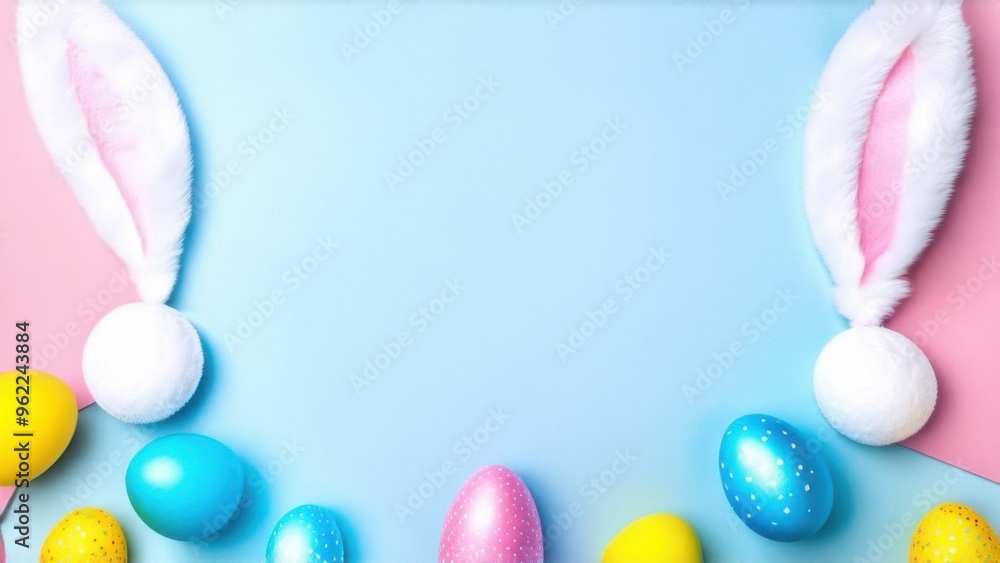 Easter party concept. Top view photo of easter bunny ears white pink blue and yellow eggs on isolated pastel blue background with copyspace in the middle Easter party concept. Top view photo of easter bunny ears white pink blue and yellow eggs on isolated pastel blue background with copyspace in the middle