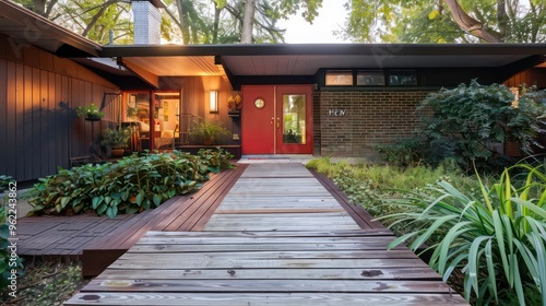 A wooden walkway leading to the entrance of a modern home with lush greenery on either side.