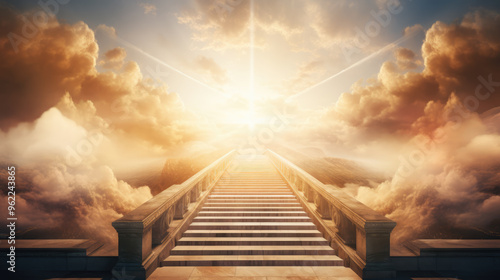 generated illustration of staircase leading up to a bright light in the sky with fluffy warm clouds