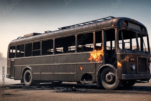 Completely burnt out and carbonized bus. Vehicle blown up by military shell burned abandoned automobile during war operations. Copy ad text space photo