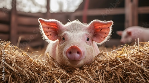 One cute pink pig lying on hay in farm pen. Countryside life and welfare and care of farm animals