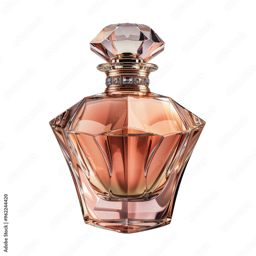 Stylish perfume bottle with a diamond-shaped cap, isolated on white background, transparent background Stylish perfume bottle with a diamond-shaped cap, isolated on white background, transparent background